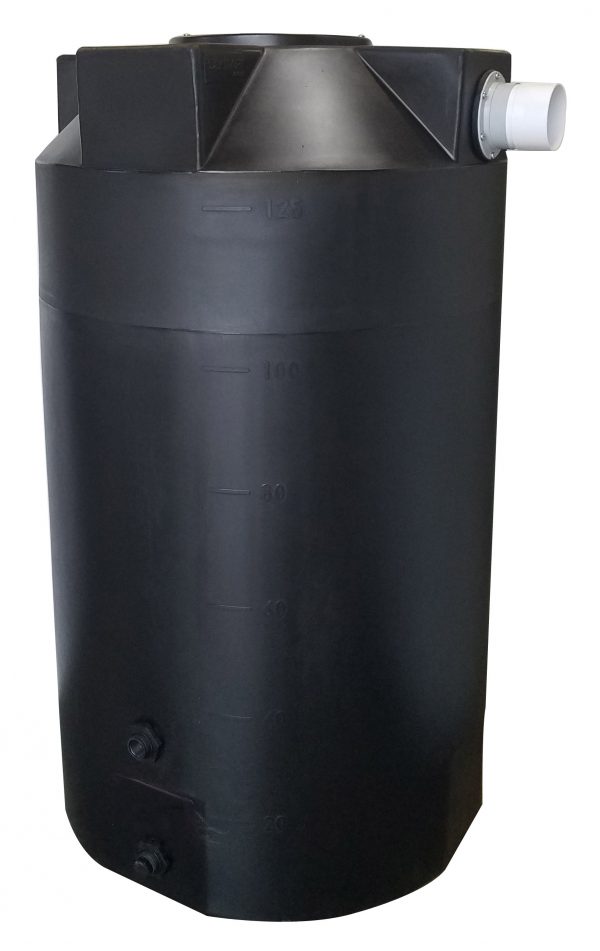 Black 125 gallon poly rainwater harvesting tank