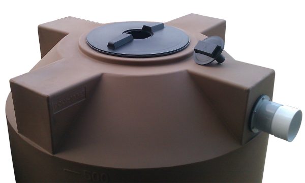 Light Brown Top of 500 gallon poly rainwater collection tank